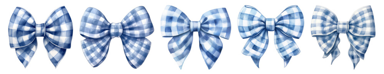 Collection of blue bows on white background with watercolor effect. Generative AI