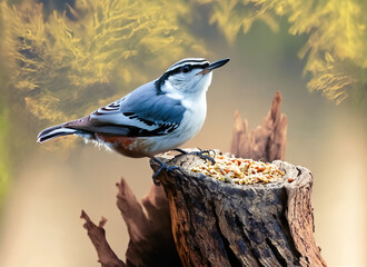 Naklejka premium Nuthatch caching food in tree stump. Generative AI