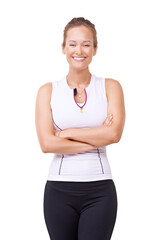 Fitness, happy and arms crossed with portrait of woman isolated on transparent png background for exercise, workout or active. Smile of pilates trainer, female person and pride of wellness or health