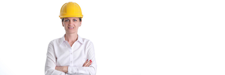 Female engineer in yellow protective construction hard hat on white background. Safety at construction site