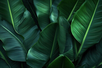 Tropical banana leaf texture, large palm foliage nature dark green background, Generative AI