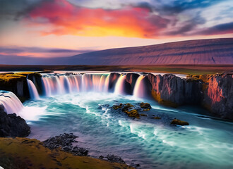 Summer morning scene on the Godafoss Waterfall Colorful sunset. Nature view. Generative AI