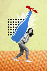 Vertical collage picture of excited mini black white colors girl arms hold big wine bottle isolated...