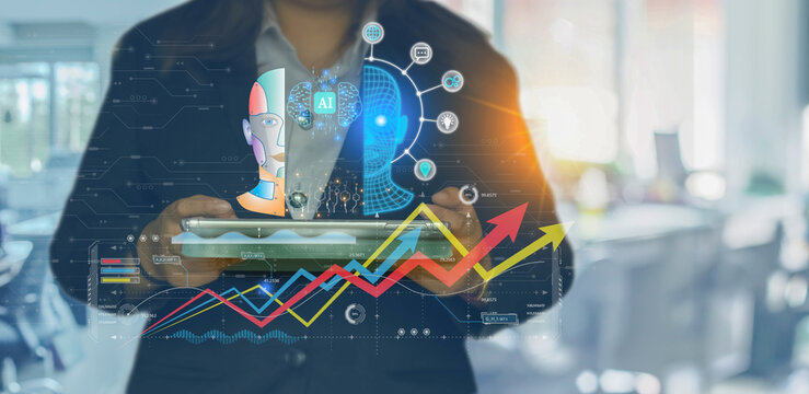BI-Business intelligence of Chat AI. Process data driven insight to make wise decisions. Artificial intelligence using AI smart robot technology inputting commands for big data analysis future changes