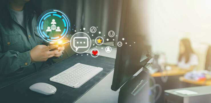Social media interaction concept. Accepts various symbols and comments. How we connect and how we interact and share information. Open up new opportunities for businesses engage with customers.