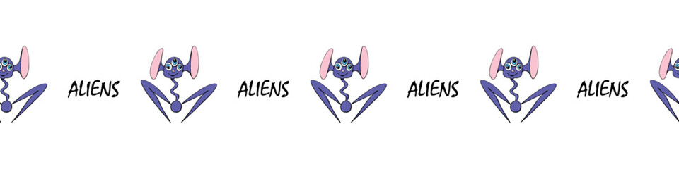 Edging, ribbon, border of funny three-eyed Aliens in doodle flat style. Humanoids, visitors, Martians. Decorative element, decoration on theme of space, UFO, fantastic, kids design
