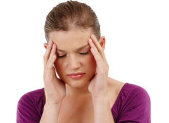 Teenager, girl with headache and massage temple, stress and health problem isolated on transparent png background. Pain, medical emergency and brain fog with young female person and migraine