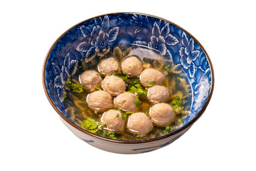 
Bakso Meatballs with Soup Served Chili Sauce Indonesia Food Style Popular Street Food Goodtasty decorate with carved Leek and Spring Onions topview