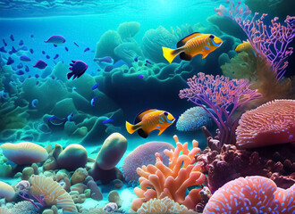 Fototapeta na wymiar underwater world with fish and corals. Generative AI