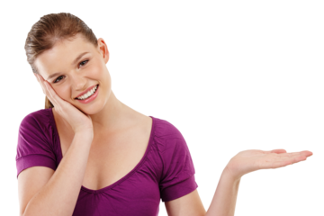 Portrait, beauty and woman with palm isolated on transparent, png background in product promotion. Show advertising, presentation and face of model or person hand for cosmetics, makeup or dermatology