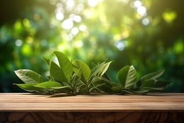 Fototapeta na wymiar Wood table background with sunlight window create leaf shadow on wall with blur indoor green plant foreground.panoramic banner mockup for display of product,warm tone lights, Generative AI