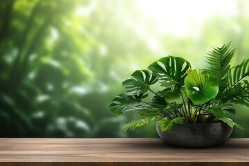 Wood table green wall background with sunlight window create leaf shadow on wall with blur indoor green plant foreground. Panoramic banner mockup, Generative AI