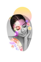 Abstract art collage of a young beautiful woman with flowers. Conceptual fashion art design in a modern style