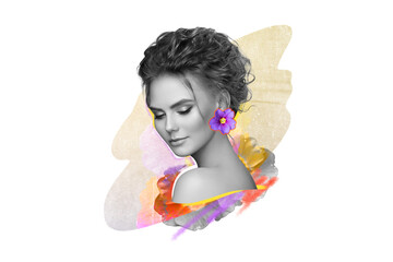 Abstract art collage of a young beautiful woman with flowers. Conceptual fashion art design in a modern style