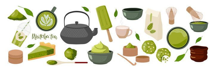 Green Matcha Tea set. Ice cream, pie, cookies, Green powder, spoon, leaves. Flat vector isolated. Culinary course poster, culinary school, recipe, cafe, restaurant. Green tea flavor, Japanese food.