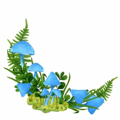 Frame from blue mushrooms growing side by side in moss with grass and ferns. Watercolor hand drawn illustration on white background. Template for the design banner, cards, flyers, children's interior.