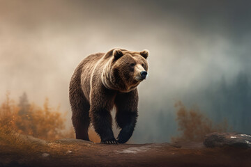 Brown bear walking on the rock in the misty forest. Wildlife scene.
