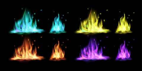 Red, orange, yellow, purple and blue fire flame realistic set. Fire flames burning, natural gas burning and igniting red and blue fire. Vector illustration. © Jer
