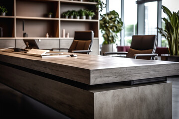 
an office with wood desks and glass walls, in the style of high detailed, grey academia, wood, photo-realistic landscapes, vintage minimalism, light silver and light brown