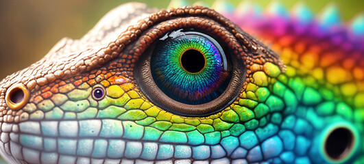 a close up view of a lizard eye with a rainbow colored eye