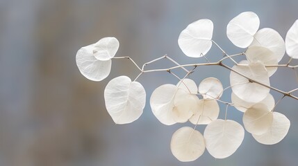 Lunaria card, dried silver dollar plant on a neutral brown background. Mourning, fall, loss, depression, autumn, greetings. Generative AI