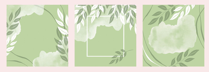 Set of Square covers with botanical minimalist backgrounds. Social media stories and post templates.