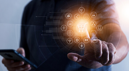 Businessman using smartphone with virtual screen with online shopping icons, vintage concept, online shopping