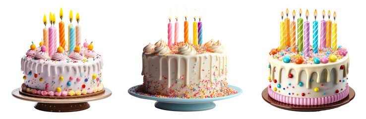 Collection of birthday cakes with lit candles on white background. Generative AI