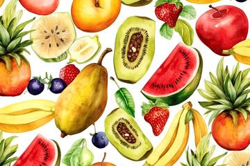 Summer Fruit, Fruits, illustration, watercolor, seamless