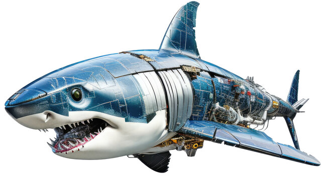 robot shark isolated on a transparent background, generative AI