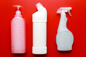 .Cleaning tool mockup. Flat lay Cleaning spray