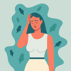 Sad, unhappy girl, depression concept, flat vector illustration. Depressed, unhappy girl. Mental health