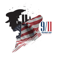 Vector patriot day illustration. We will newer forget 9\11. Vector patriotic illustration with american flag and silhouette of police officer