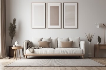 Modern living room interior with white sofa and mock up poster frames. 3D Rendering, Double mockup poster frame on the wall in a livingroom, AI Generated