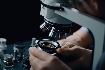 close up of scientist looking through microscope in laboratory, science research concept,Doctor using a microscope with a metal lens at the laboratory