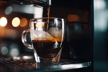 Coffee pouring from coffee machine into glass cup at cafe. Espresso poured from a coffee machine into a glass cup, AI Generated