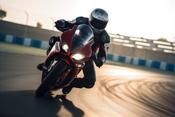 Naklejka premium Motorcycle rider on sport bike rides fast on race track at sunset. Extreme athlete Sport Motorcycles Racing, AI Generated