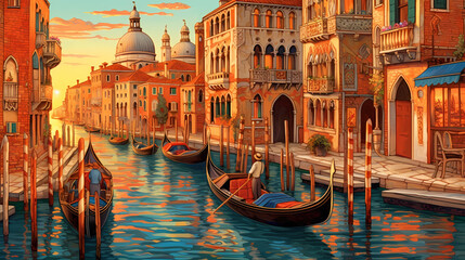 Illustration of the beautiful city of Venice. City of gondoliers, bridges, carnivals and love. Italy