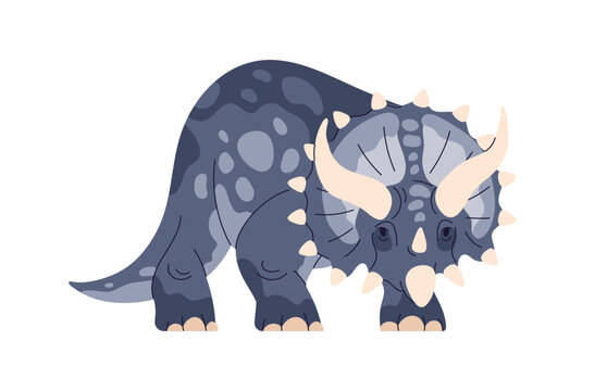 Triceratops, prehistoric reptile. Large dinosaur. Extinct animal of prehistory Jurassic period. Big massive dino with horns. Ancient creature. Flat vector illustration isolated on white background