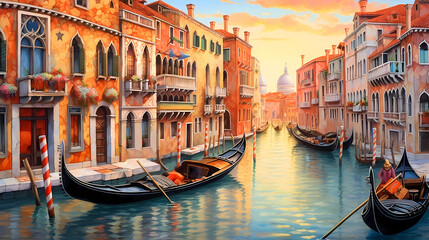 Obraz premium Illustration of the beautiful city of Venice. City of gondoliers, bridges, carnivals and love. Italy