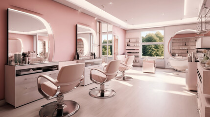 Modern beauty salon with places for makeup artist and hairdresser, big stylish mirrors, pink interior. Generative Ai