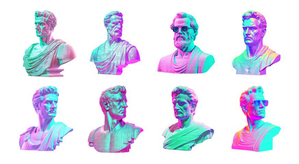 Collection of Greek statues in neoclassical style, statues in bright futuristic style, isolated on transparent background. Generative AI