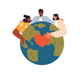Obraz na płótnie Canvas Volunteers community, unity with love to Earth planet. World nonprofit organization, international donation, solidarity and care concept. Flat graphic vector illustration isolated on white background