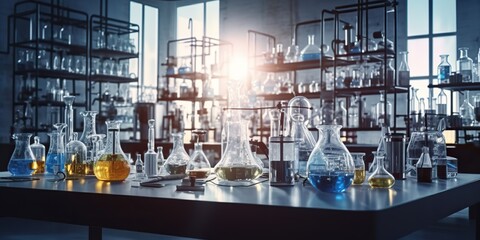 Fototapeta premium AI Generated. AI Generative. Photo illustration of medicine chemistry research laboratory. Glassware, microscope and many toold equipment. Graphic Art