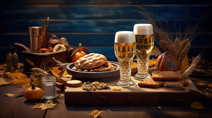 Oktoberfest beer seasonal decoration on a dark table. Generative Ai