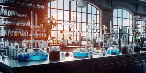 AI Generated. AI Generative. Photo illustration of medicine chemistry research laboratory. Glassware, microscope and many toold equipment. Graphic Art