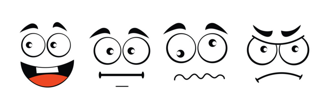 Hand drawn Emotional happy Cartoon Faces, Vector Outline Illustrations. Various character expressions. Black and white. Useful for any kind of advertising in web and print.