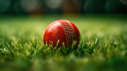 Cricket ball on Green Turf. Generative Ai