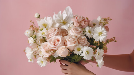 woman holding a bouquet of pink and white flowers. Generative Ai