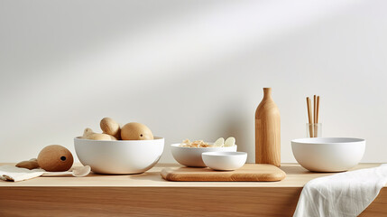 Kitchen accessories in white wooden table and white background and white tableware with salt in wooden bowl. Generative Ai